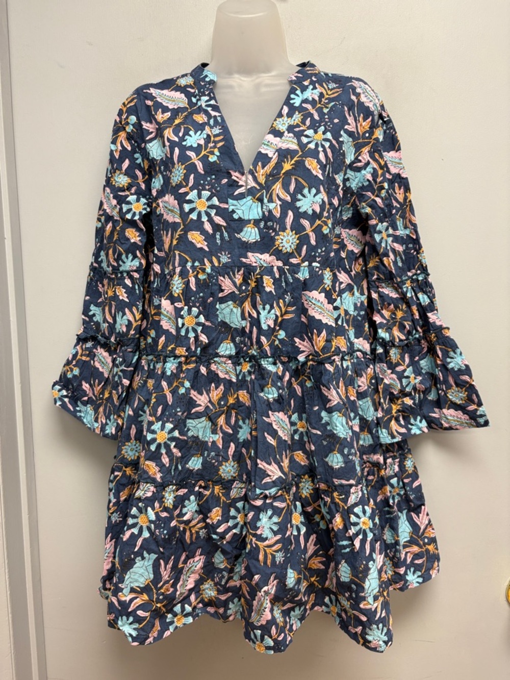Gingy The Fennerton Collection Floral Tiered Tunic Dress Blue Boho Cotton Size M